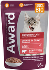 Авард корм для взрослых домашних кошек крупных пород (AWARD Indoor Big cats), кусочки в соусе с говядиной, пауч 85г